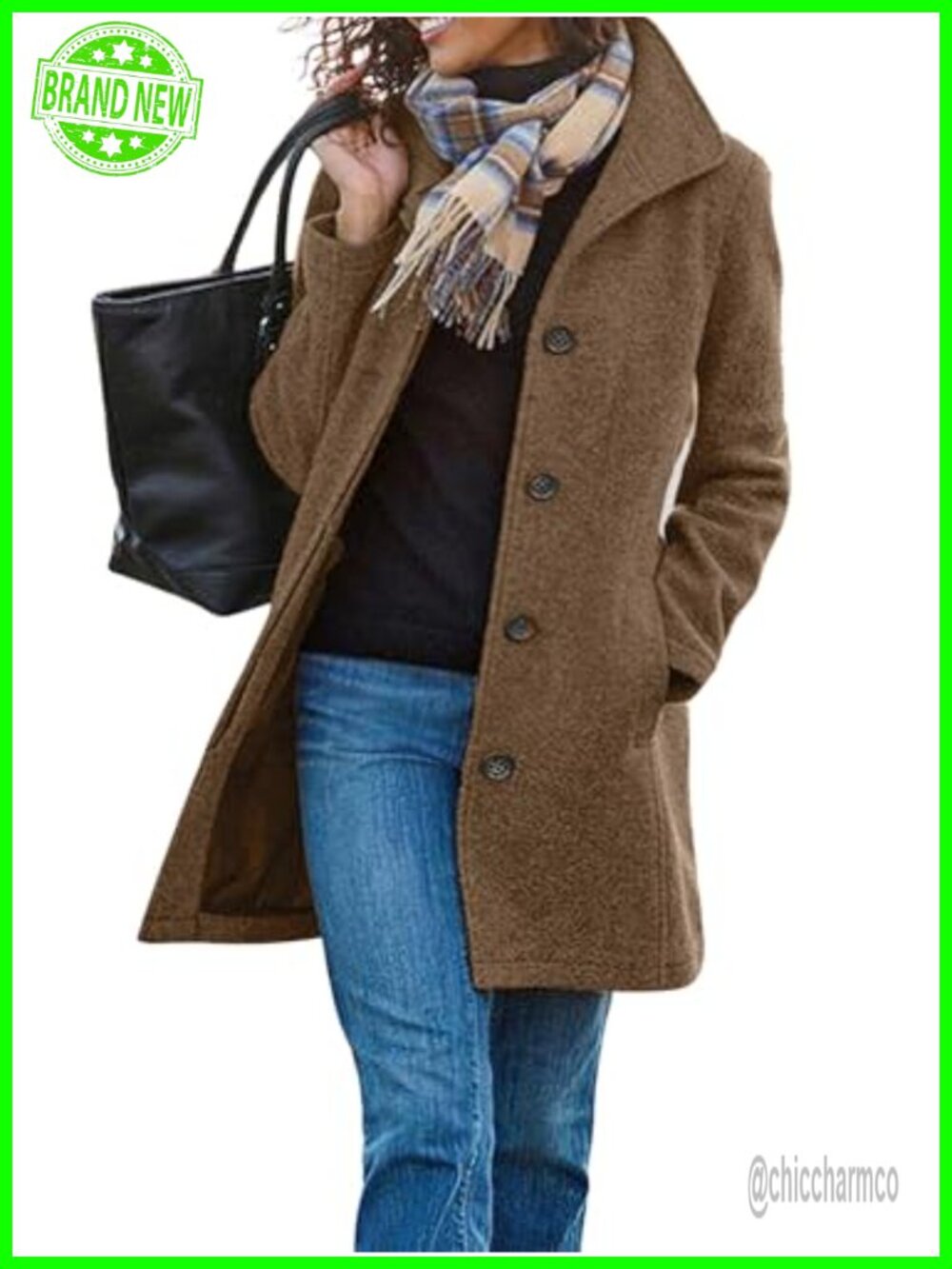 Wool Blend Pea Coat Stand Collar Single Breasted Midi Winter Coat